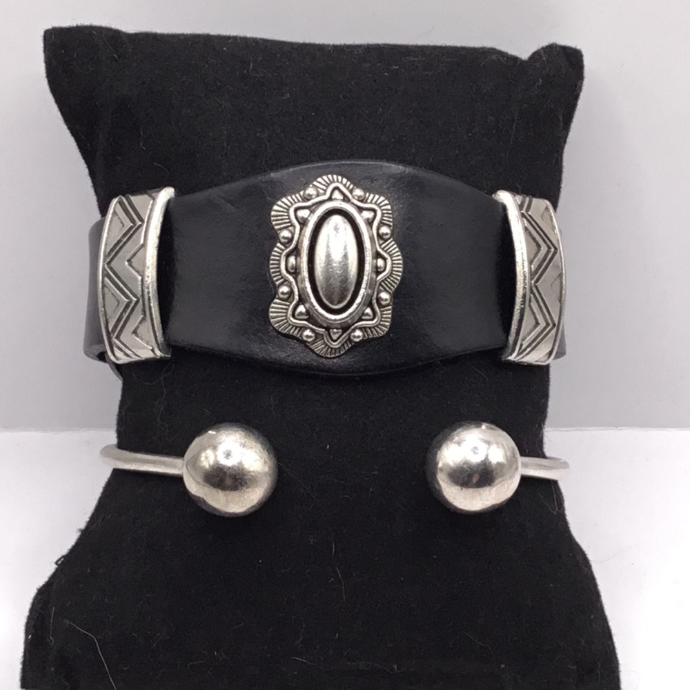 2 Bracelets Vintage Silver Ball Open Cuff & Black Band Western Slider Accents